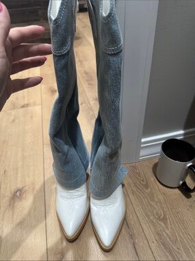 Light Blue Flare Denim Jeans with White Boot Overlay